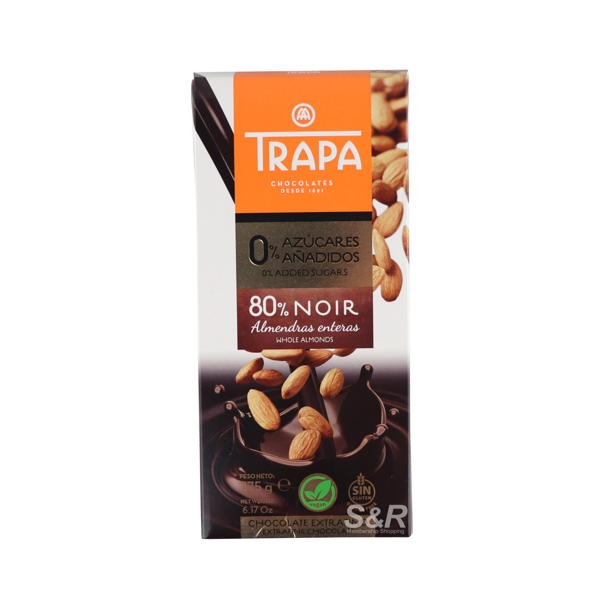 Trapa 0% Added Sugars 80% Noir Whole Almonds Dark Chocolate Bar 175g